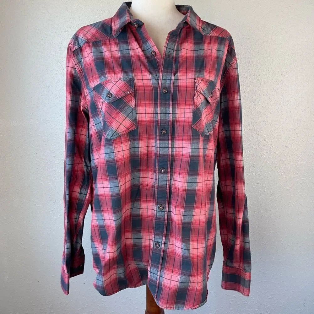 American Rag Cie Red Plaid Button Down Shirt Size L EUC
